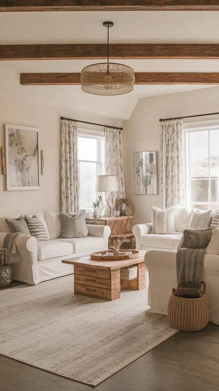 This modern rustic living room blends farmhouse decor with shabby chic elements, creating a family-friendly space that features a cozy cottage vibe, boho interior touches, and a stylish design sofa atop a farmhouse area rug.