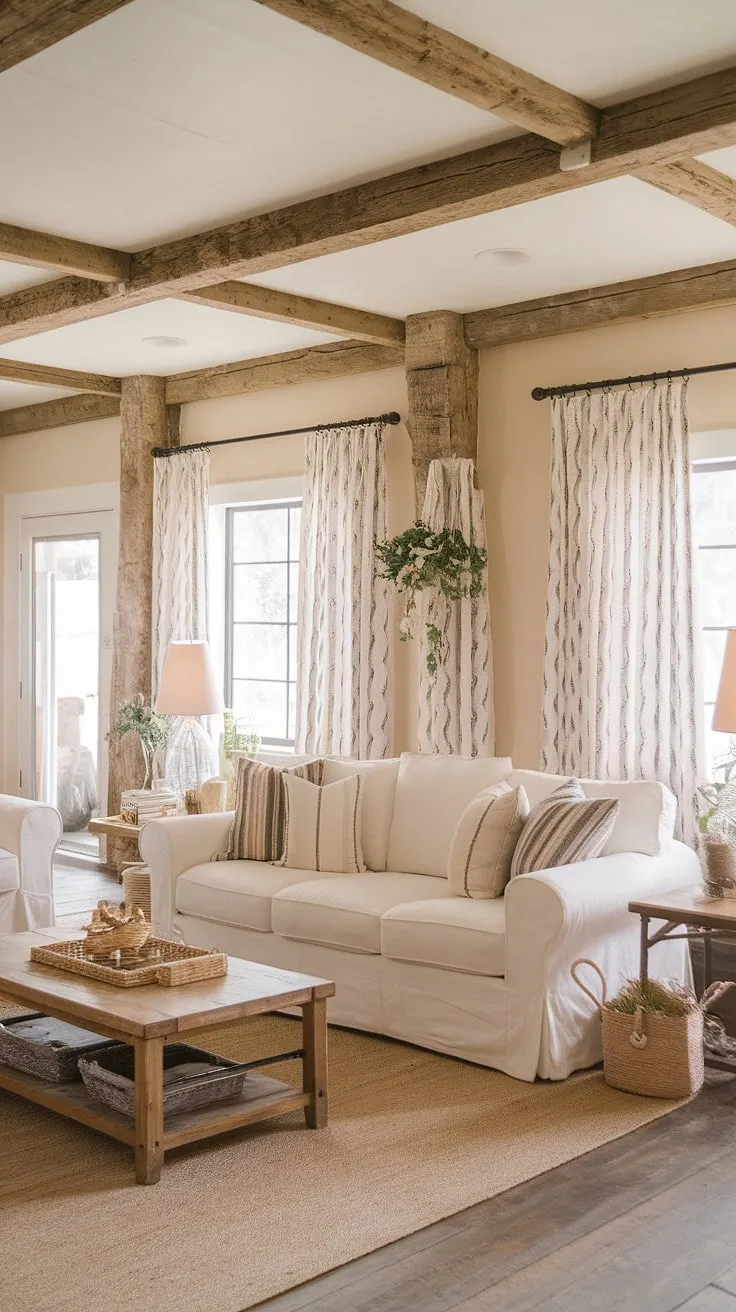 The inviting modern farmhouse living room showcases a perfect mix of shabby chic and boho styles, complete with a design sofa and farmhouse area rugs, making it an ideal country retreat for family gatherings.