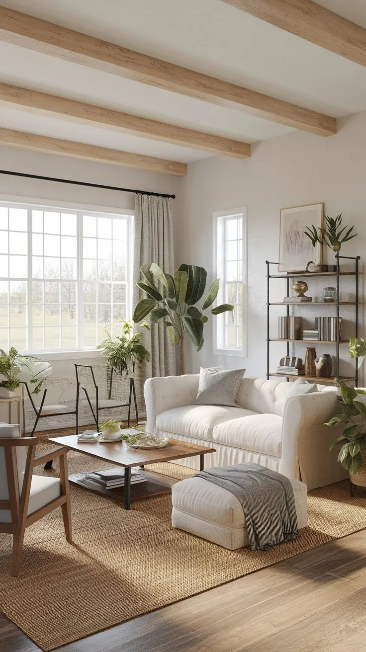 A modern rustic living room blends farmhouse decor and shabby chic style with a cozy design sofa, woven area rugs, and natural light, creating a family-friendly space that inspires modern farmhouse and cottage shabby chic vibes.