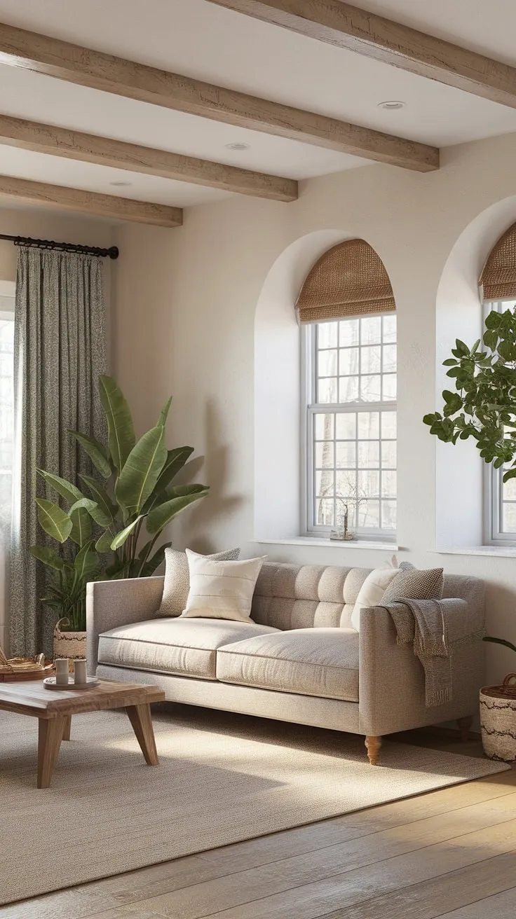 This modern rustic living room blends farmhouse decor with shabby chic elements, featuring a design sofa, wooden beams, and a family-friendly atmosphere perfect for a nature-inspired bedroom.