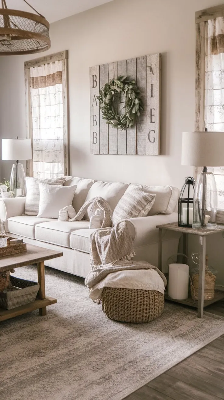 This modern rustic living room beautifully blends farmhouse decor with shabby chic elements, featuring a family-friendly design sofa, farmhouse area rugs, and nature-inspired wall decor for a cozy, inviting atmosphere.