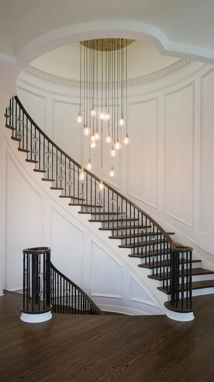 A stunning Crystorama chandelier casts a timeless elegance over a dramatic curved staircase, transforming the foyer into a modern masterpiece.