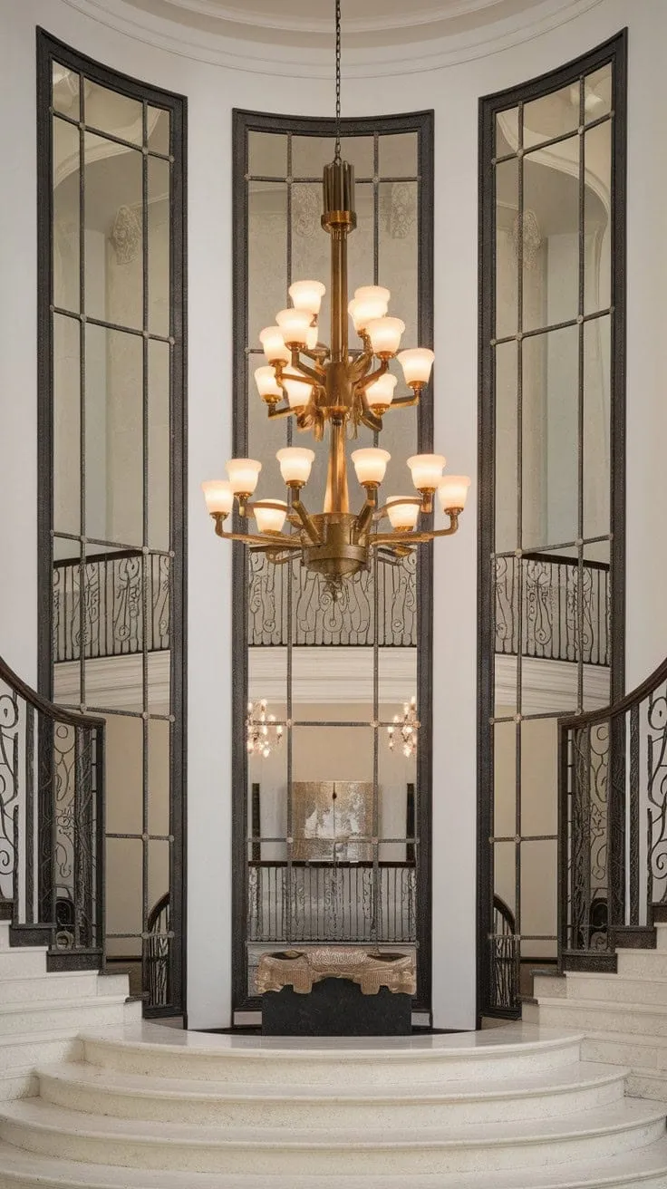 The Crystorama Lighting chandelier transforms the grand foyer into a timeless haven of elegance, illuminating polished marble and ornate mirrors with its luxurious glow.