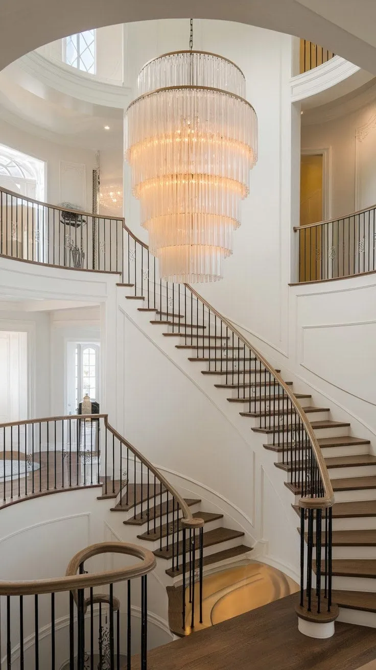 The Crystorama chandelier illuminates a stunning staircase, harmoniously merging modern architecture with timeless elegance in a grand yet inviting foyer.