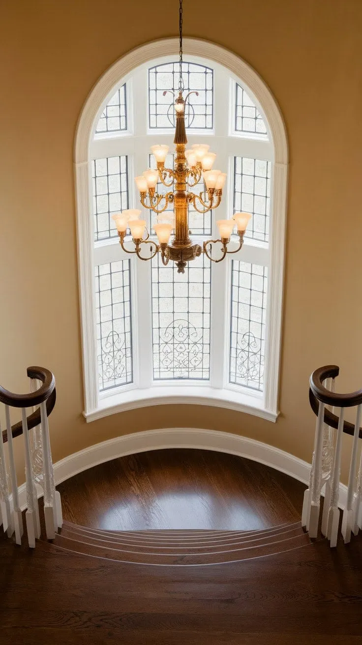 The foyer's sweeping staircase and aged brass chandelier evoke whispers of elegance, where light dances on rich wood floors, blending history with timeless beauty.