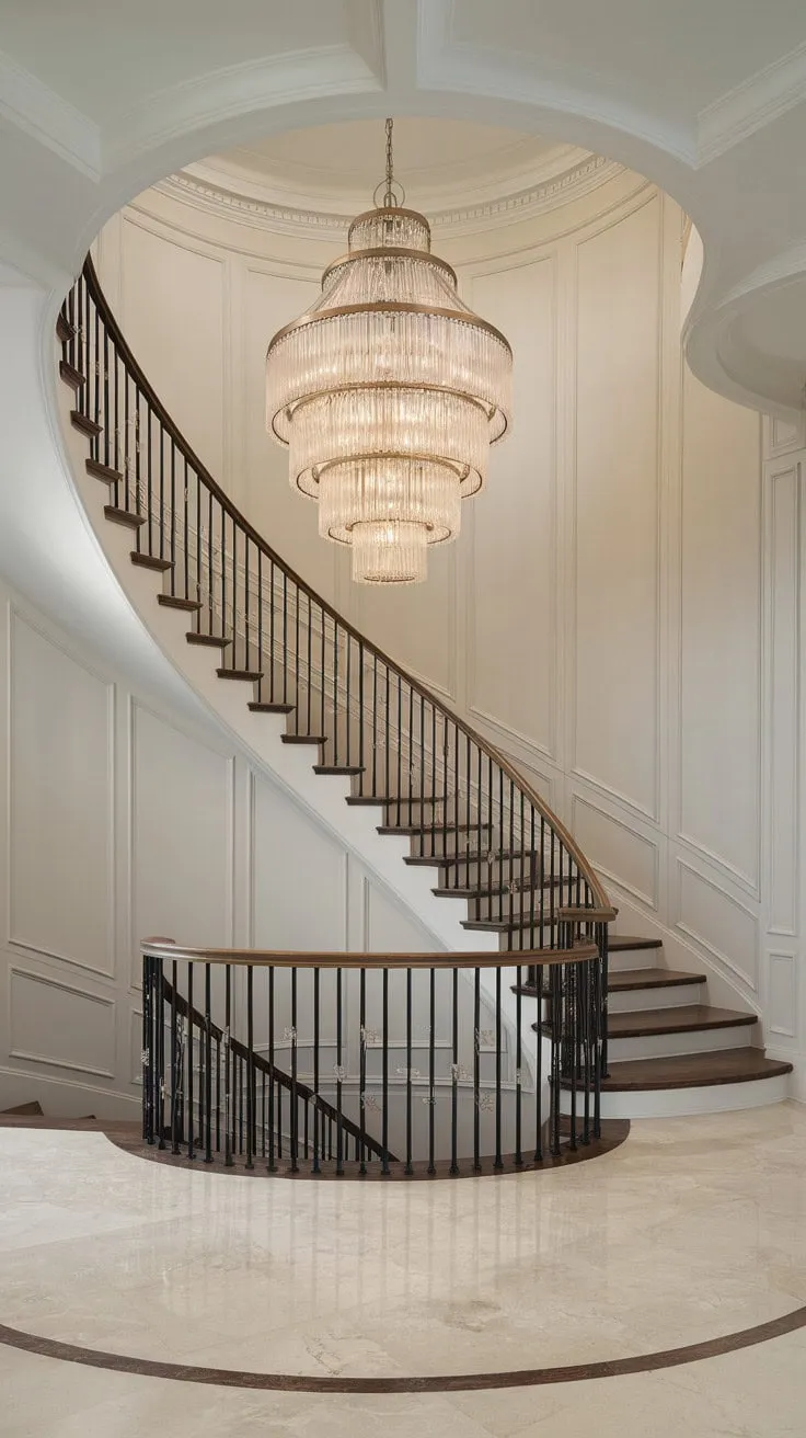 The foyer's curved staircase and multi-tiered Crystorama chandelier illuminate a luxurious blend of marble and wainscoting, crafting an atmosphere of exquisite elegance.