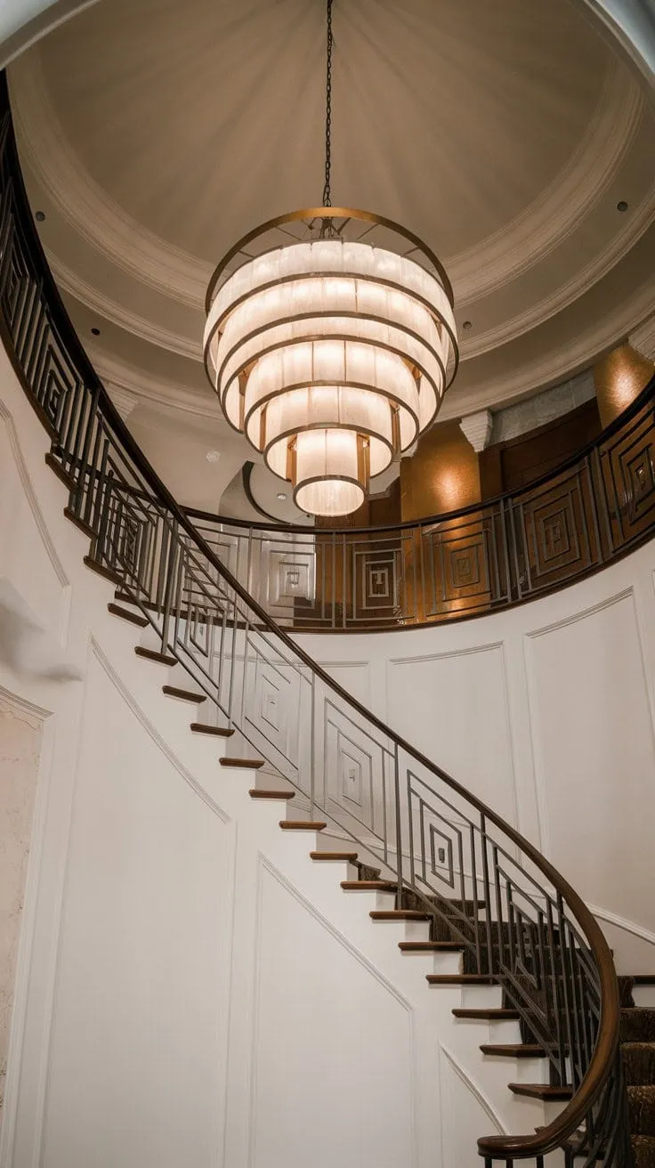 In this stunning foyer, a breathtaking Crystorama chandelier casts an aged brass glow over a gracefully curved staircase, where architectural grandeur harmonizes with modern elegance through open risers and sleek metal railings.