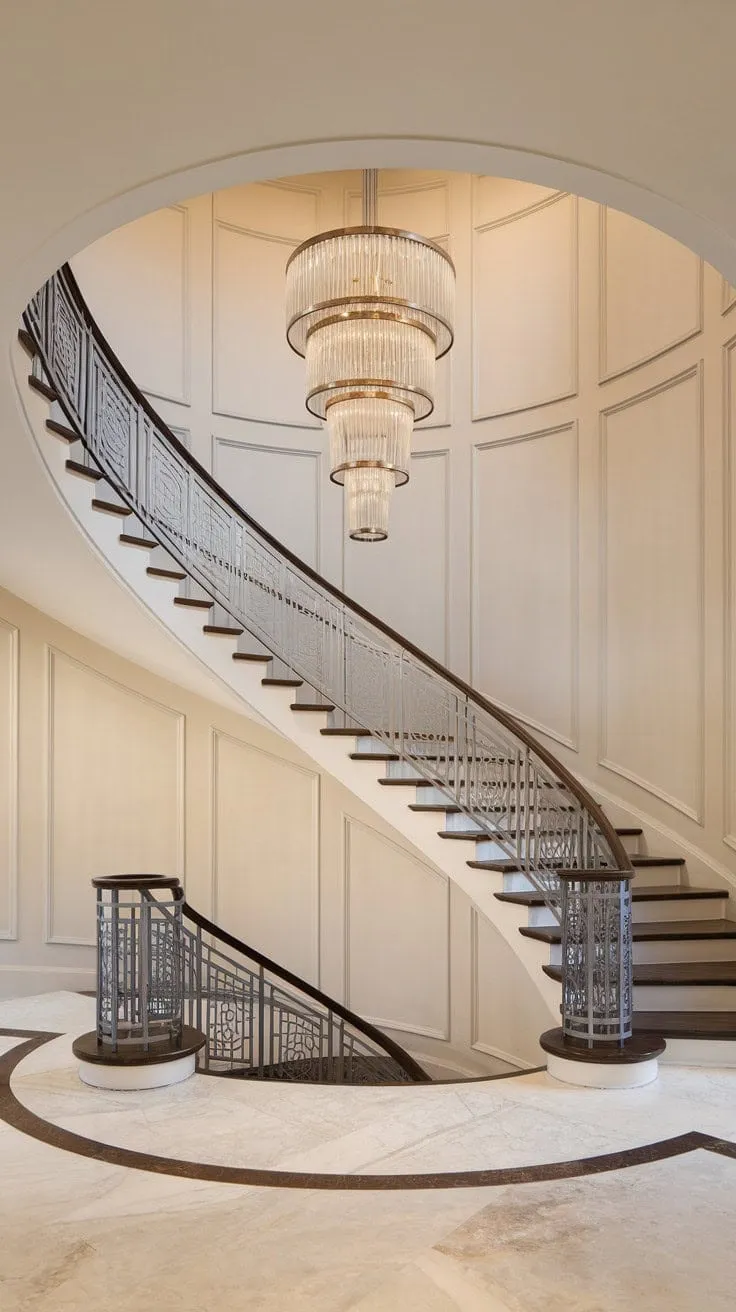 In a grand foyer where luxury meets modern elegance, light dances on polished marble beneath a stunning Crystorama chandelier, highlighting the graceful curves of an exquisite staircase.