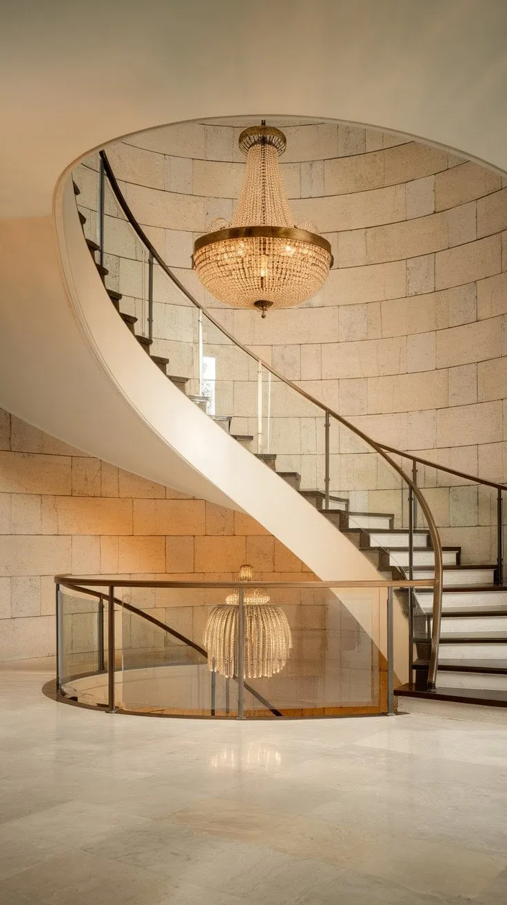 In a breathtaking display of light and shadow, the polished marble floor mirrors the grandeur of an aged brass chandelier, embodying the timeless elegance of the stunning foyer.