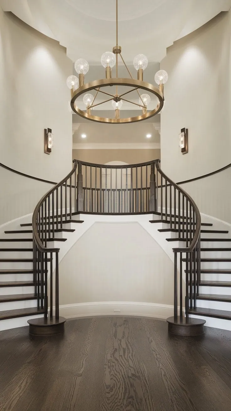 A stunning interplay of light and shadow dances on the dark wood floors, highlighting the elegant staircase and the breathtaking Crystorama chandelier that transforms the foyer into a masterpiece of design.