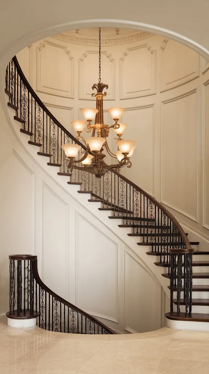 A Crystorama lighting chandelier, a breathtaking centerpiece of aged brass, hangs majestically above the sweeping curved staircase. The intricate moldings and polished marble floors of this grand foyer create an atmosphere of unparalleled luxury and sophistication. A space where history and elegance intertwine.