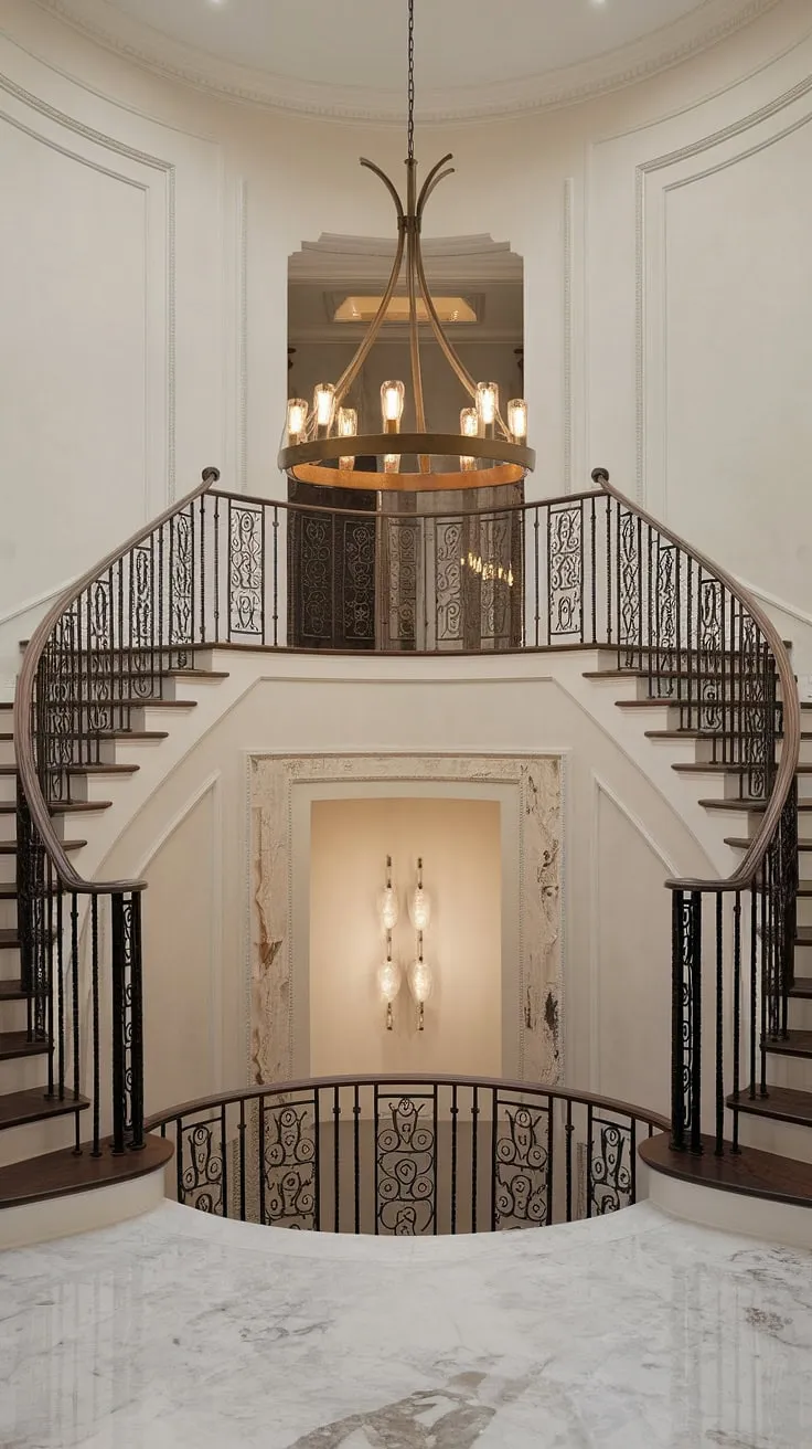 A grand entrance, defined by a sweeping staircase and the warm glow of a Crystorama lighting chandelier, sets the stage for timeless elegance. The aged brass finish adds a touch of vintage charm to this modern masterpiece.
