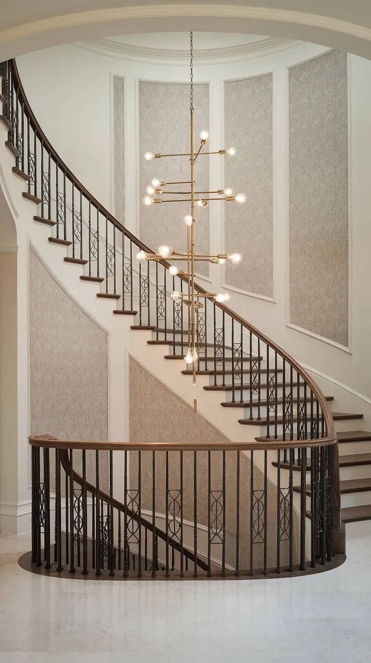The grand foyer's marble floor reflects the warm glow of the Crystorama chandelier, its aged brass finish a stunning centerpiece above the curved staircase. A testament to timeless elegance, the intricate details, from the wooden banister to the patterned walls, create a breathtaking entrance. A truly magnificent space.