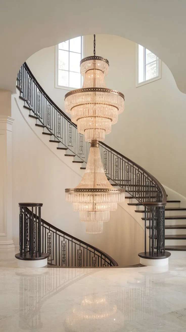 The subtle glow of the Crystorama chandelier, a stunning piece of aged brass and crystal artistry, perfectly complements the sleek metal railing and flowing lines of the curved staircase. This foyer is a study in refined modern design, where luxury and comfort meet seamlessly.