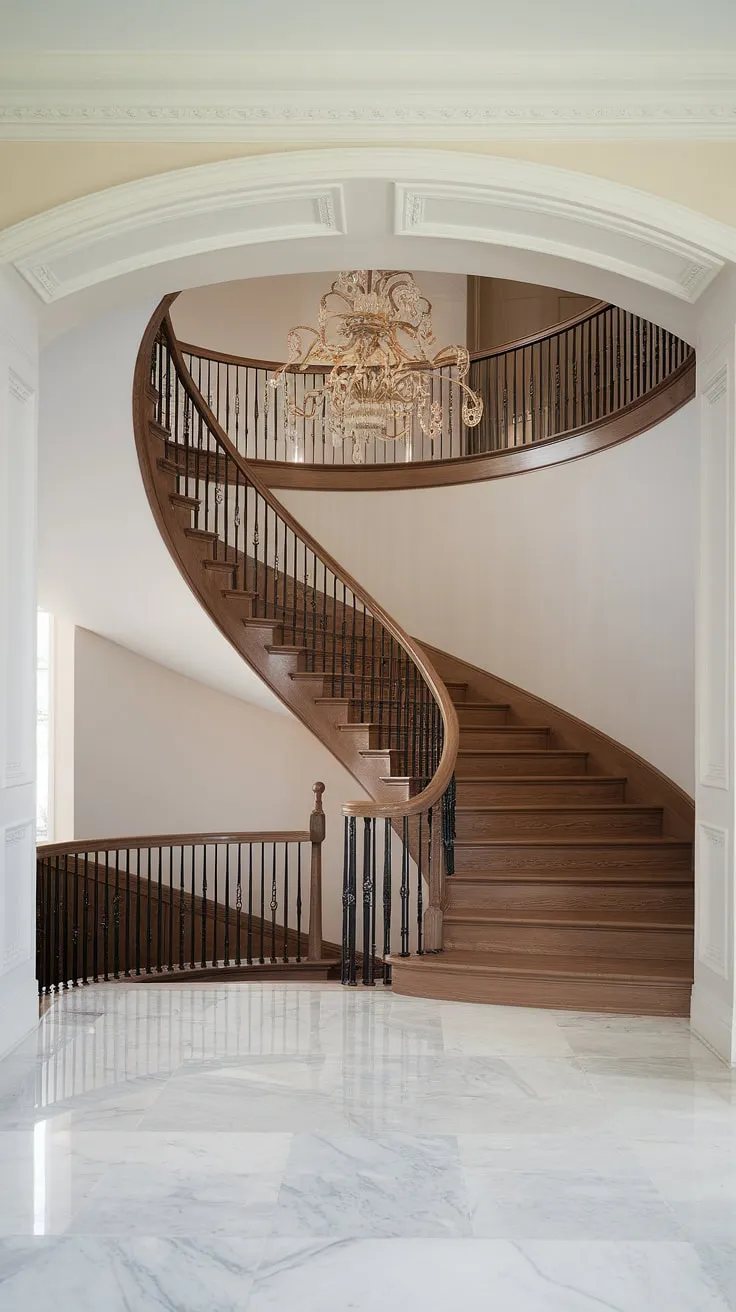 Ascending to elegance: The curved staircase, bathed in the warm glow of the aged brass Crystorama chandelier, sets the tone for this grand foyer. A testament to sophisticated design, every detail, from the marble floors to the intricate moldings, speaks volumes. A truly breathtaking entrance.