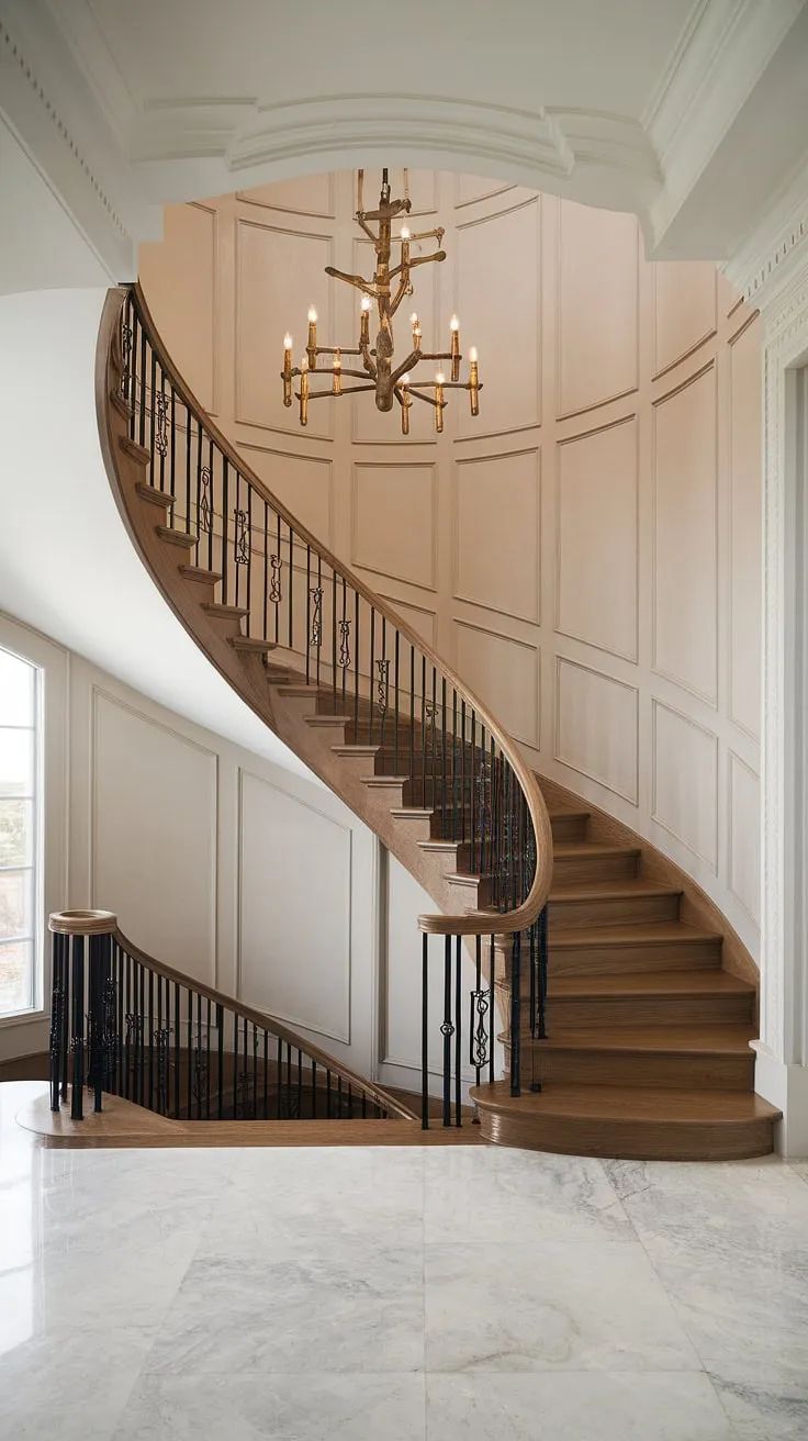 The aged brass Crystorama chandelier casts a warm glow on the elegant oak staircase, its curved form a masterpiece of timeless design. The marble floor and intricate wall paneling complete this grand foyer, a testament to sophisticated living. A truly breathtaking space.