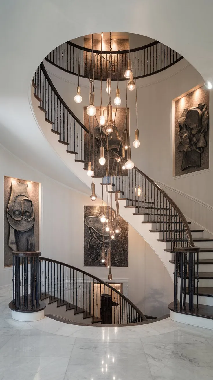 A symphony of light and shadow dances across the marble floor as the aged brass chandelier casts its warm embrace upon the sweeping staircase, a breathtaking centerpiece in this opulent foyer. The juxtaposition of old and new defines the space's sophisticated allure.