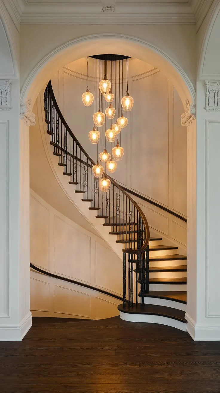 A symphony of light and shadow plays across the dark wood floor as the antique brass chandelier, a stunning centerpiece, bathes the sweeping staircase in its warm embrace. A testament to enduring elegance, the foyer's architectural details are exquisitely highlighted, creating a space both grand and inviting. A truly captivating scene.