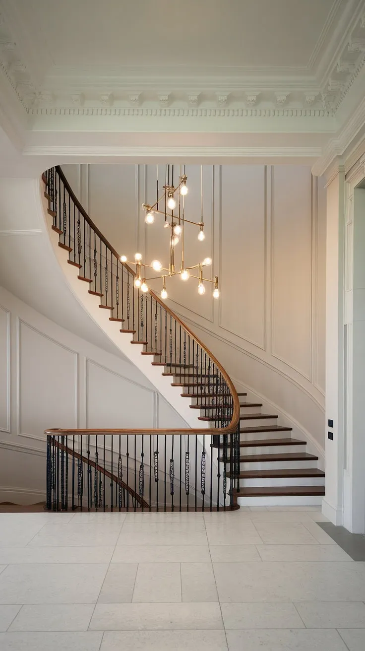 A symphony of light and shadow dances across the polished floors of this grand foyer. The aged brass chandelier, a captivating centerpiece, illuminates the sweeping staircase, its wooden railing a graceful counterpoint to the ornate molding. A space where history and modernity intertwine, creating an atmosphere of unparalleled elegance.