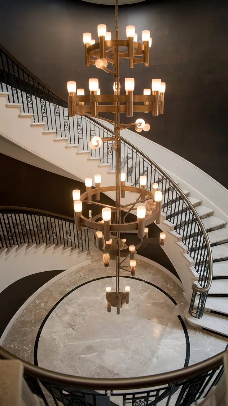 A grand entrance, defined by the sweeping curve of a modern staircase and the warm glow of a Crystorama Lighting chandelier, creates an atmosphere of sophisticated elegance. The aged brass fixture casts a mesmerizing light across the dark walls and patterned marble floor, a testament to impeccable design.