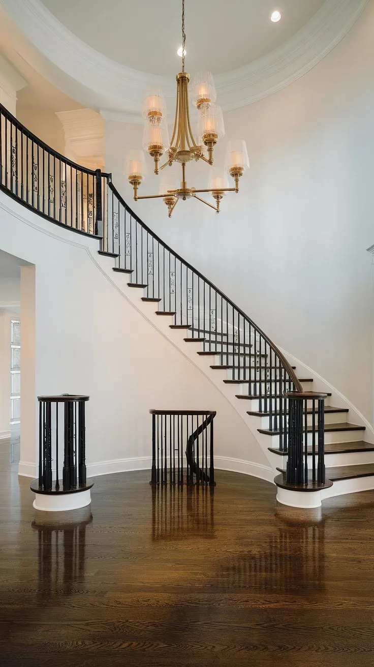 A grand entrance, defined by the elegant sweep of a modern staircase and the warm glow of a Crystorama chandelier, sets the tone for the home's sophisticated style. The polished dark wood floor and crisp white walls create a timeless backdrop, enhancing the overall sense of refined luxury.