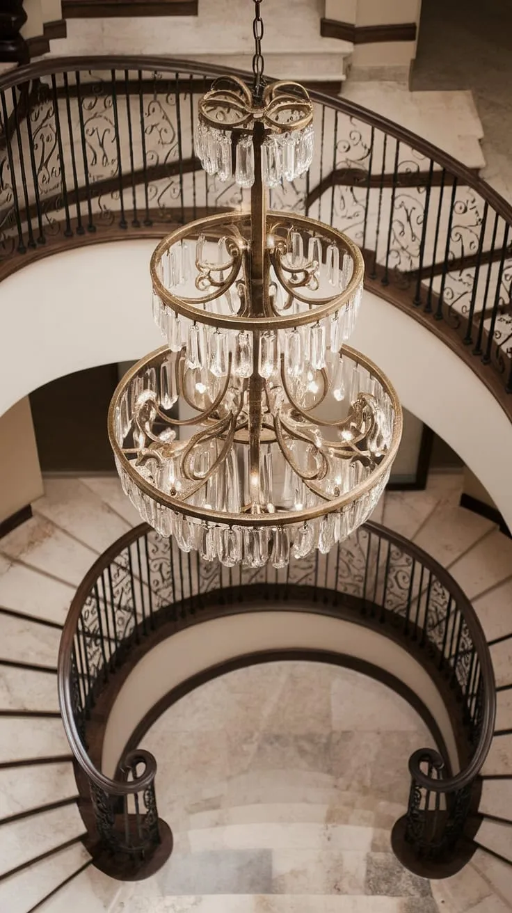 A breathtaking Crystorama Lighting chandelier, its aged brass and cascading crystals catching the light, crowns the elegant curved staircase. The grandeur of the marble foyer and intricate iron railing complete this scene of timeless sophistication. A testament to exquisite craftsmanship and luxurious design, this space is truly A masterpiece of architectural detail.
