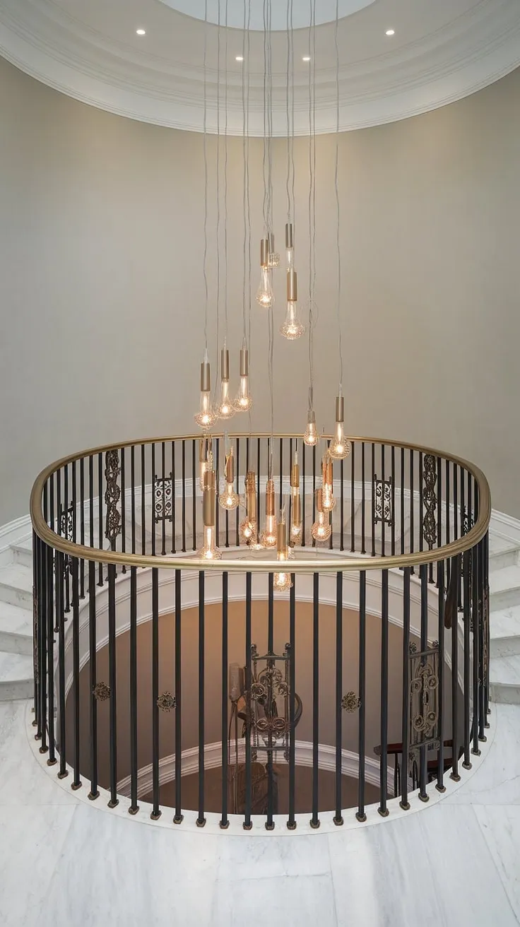 A symphony of light and shadow dances across the polished marble floor of this grand foyer. The curved staircase, adorned with aged brass accents, leads the eye upward to a striking modern chandelier, a testament to the seamless blend of old-world charm and contemporary design. A truly captivating entrance.