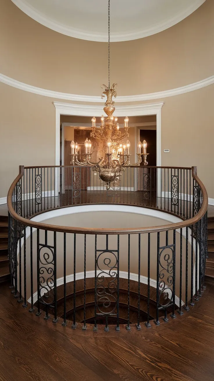 A Crystorama Lighting chandelier, a masterpiece of aged brass, hangs majestically above the sweeping wrought iron staircase. The high ceilings and beige walls of this grand foyer create a sense of A breathtaking scale and timeless sophistication, perfectly complemented by the dark wood floors.