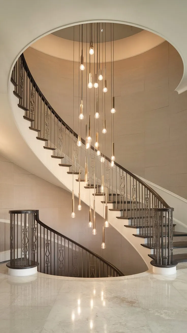 The gentle curve of the staircase, accented by the shimmering light of the Crystorama chandelier, is a captivating focal point in this modern foyer. The aged brass railing adds a touch of vintage charm, while the marble floor and neutral walls provide a serene backdrop. A space designed for both elegance and effortless living.