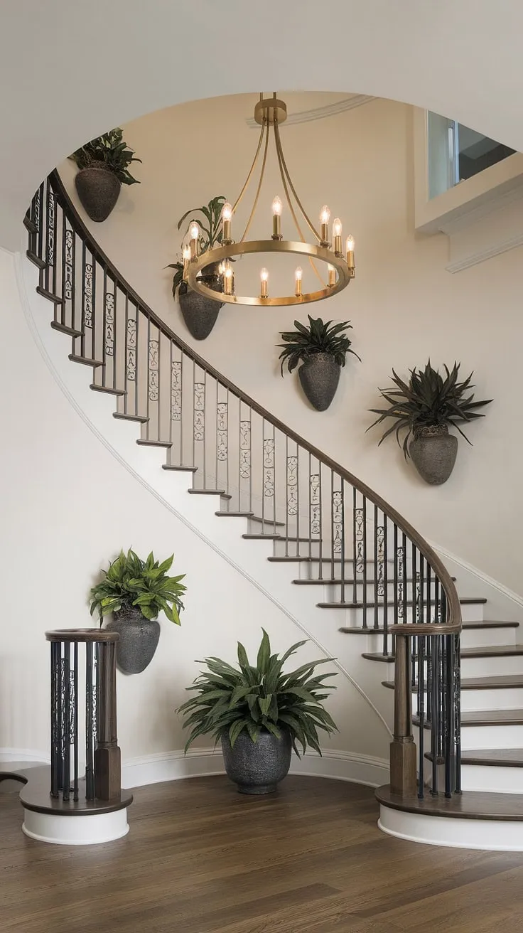 The artistry of Crystorama lighting is perfectly showcased in this breathtaking foyer. An aged brass chandelier casts a warm glow on the elegant curved staircase, complemented by lush potted plants and rich hardwood floors. A truly magnificent space.