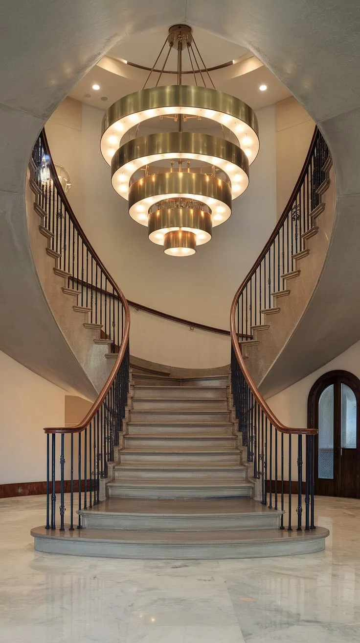 The polished concrete staircase, a modern marvel curving gracefully through the grand marble foyer, is bathed in the warm, customizable glow of the aged brass chandelier. Its intricate tiers and Crystorama lighting system cast a captivating ambiance, a testament to sophisticated design.