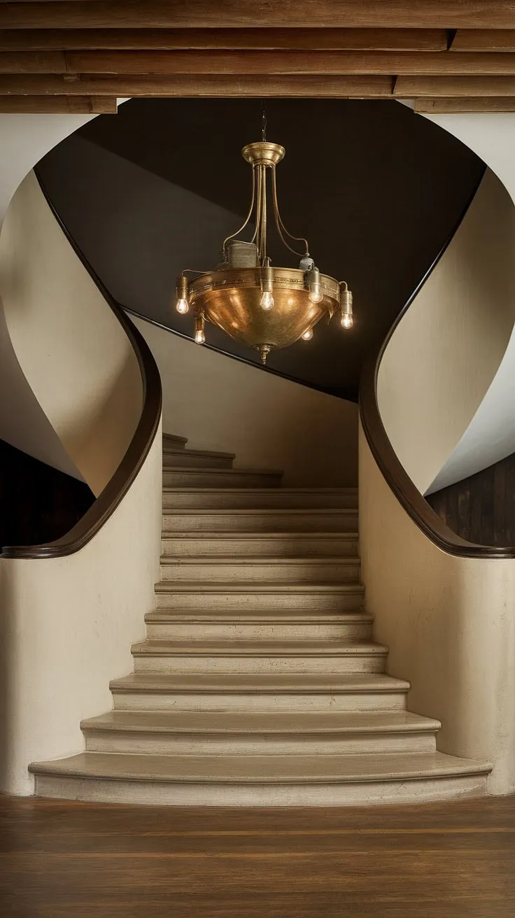 A breathtaking ascent. The aged brass chandelier, a focal point of understated luxury, casts a soft light upon the elegantly curved stone staircase, its presence enhancing the home's refined ambiance. A perfect blend of old-world charm and modern architecture.