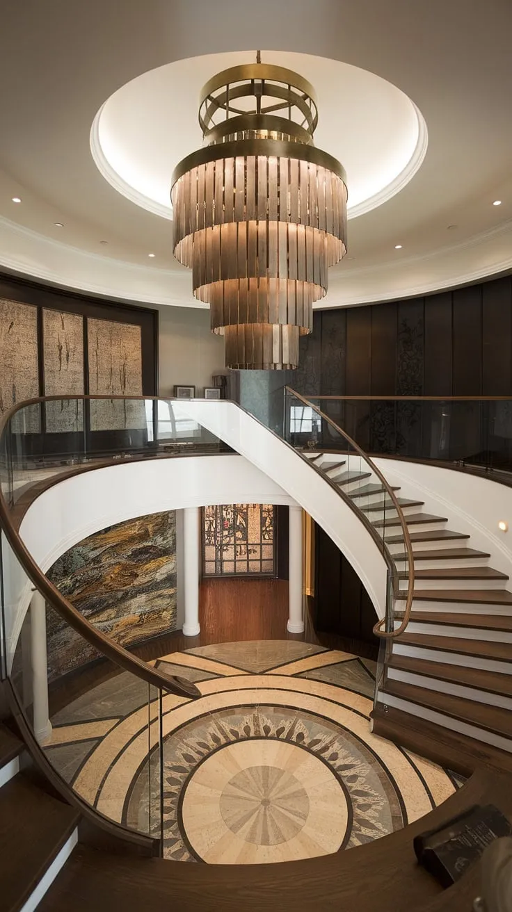 The sweeping staircase, a modern marvel of glass and wood, ascends towards a breathtaking Crystorama chandelier. A stunning display of aged brass, this multi-tiered lighting fixture is the undeniable focal point of this grand foyer. A testament to exquisite taste, the space is further enhanced by the patterned flooring and carefully curated artwork. A truly inspiring home.