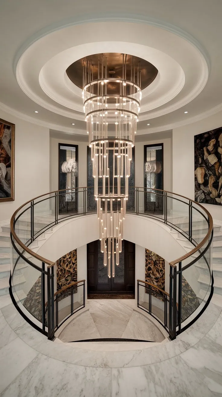 Where modern elegance meets timeless grandeur. A Crystorama lighting masterpiece, this aged brass chandelier takes center stage in this breathtaking foyer, its layered light illuminating the curved staircase and marble floors. The fusion of styles is simply captivating.