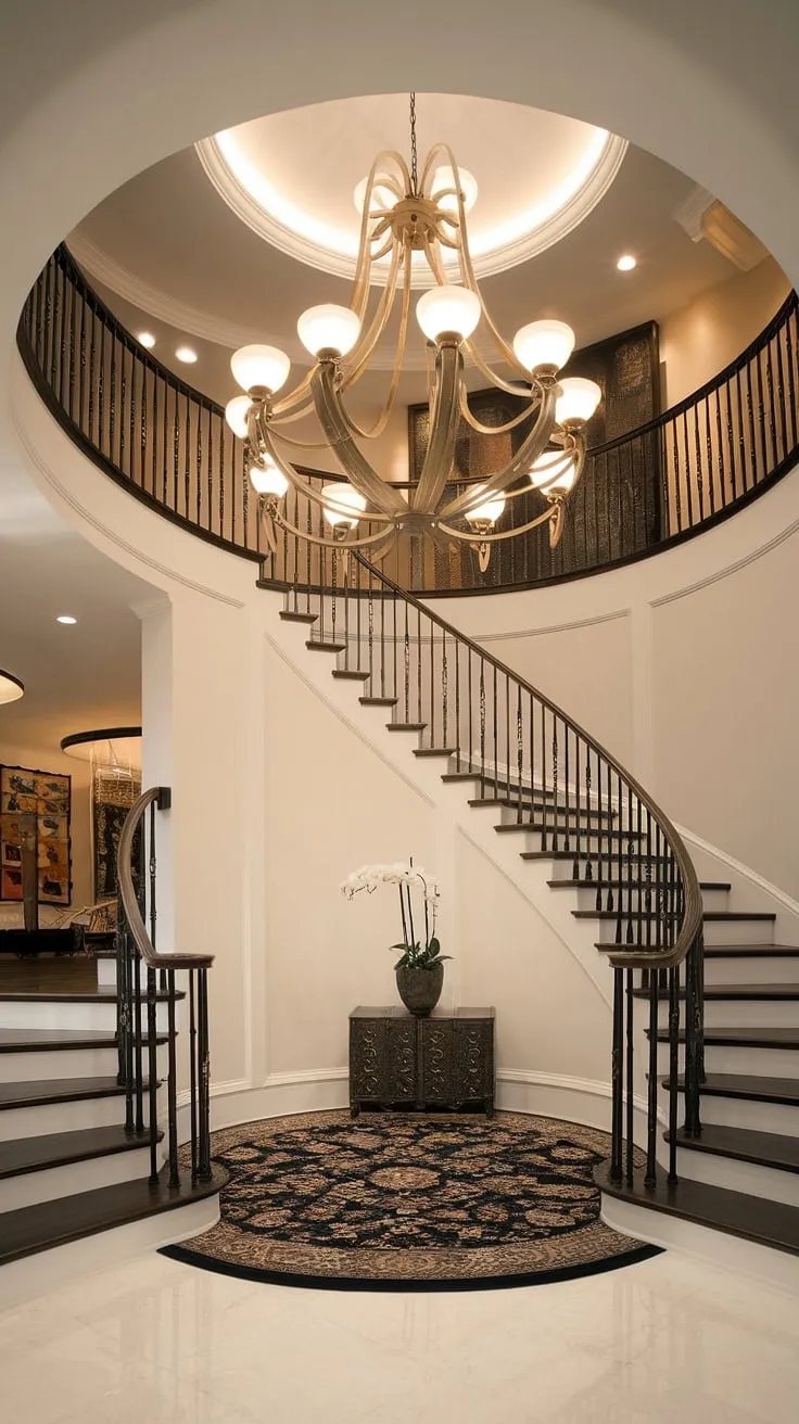 Architectural grandeur meets modern elegance in this breathtaking foyer. The aged brass chandelier, a stunning centerpiece, casts a warm glow across the sleek, curved staircase and patterned rug, while the artwork on the walls adds a touch of personality. A testament to sophisticated design.