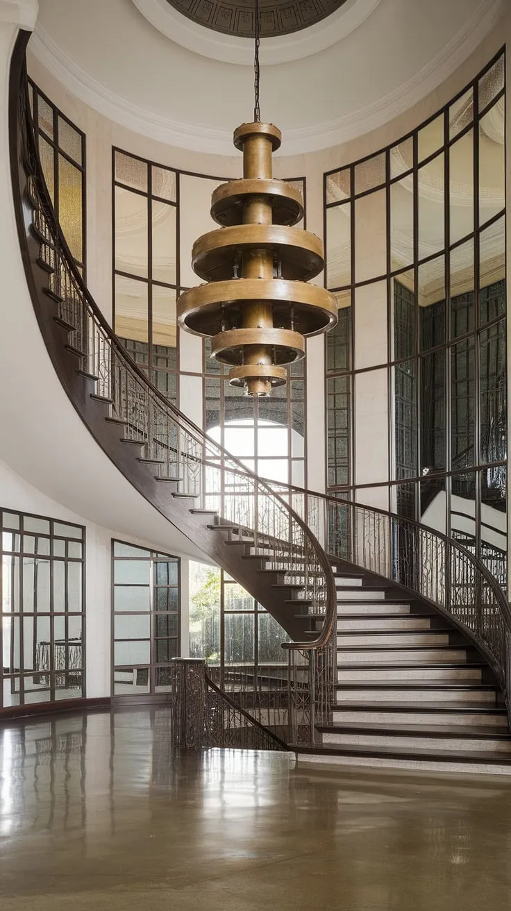 Where old-world elegance meets modern minimalism. The aged brass chandelier, a testament to bygone eras, casts a warm glow on the sleek, open-riser staircase and polished concrete floor, a stunning juxtaposition of styles. A breathtaking entrance, indeed.