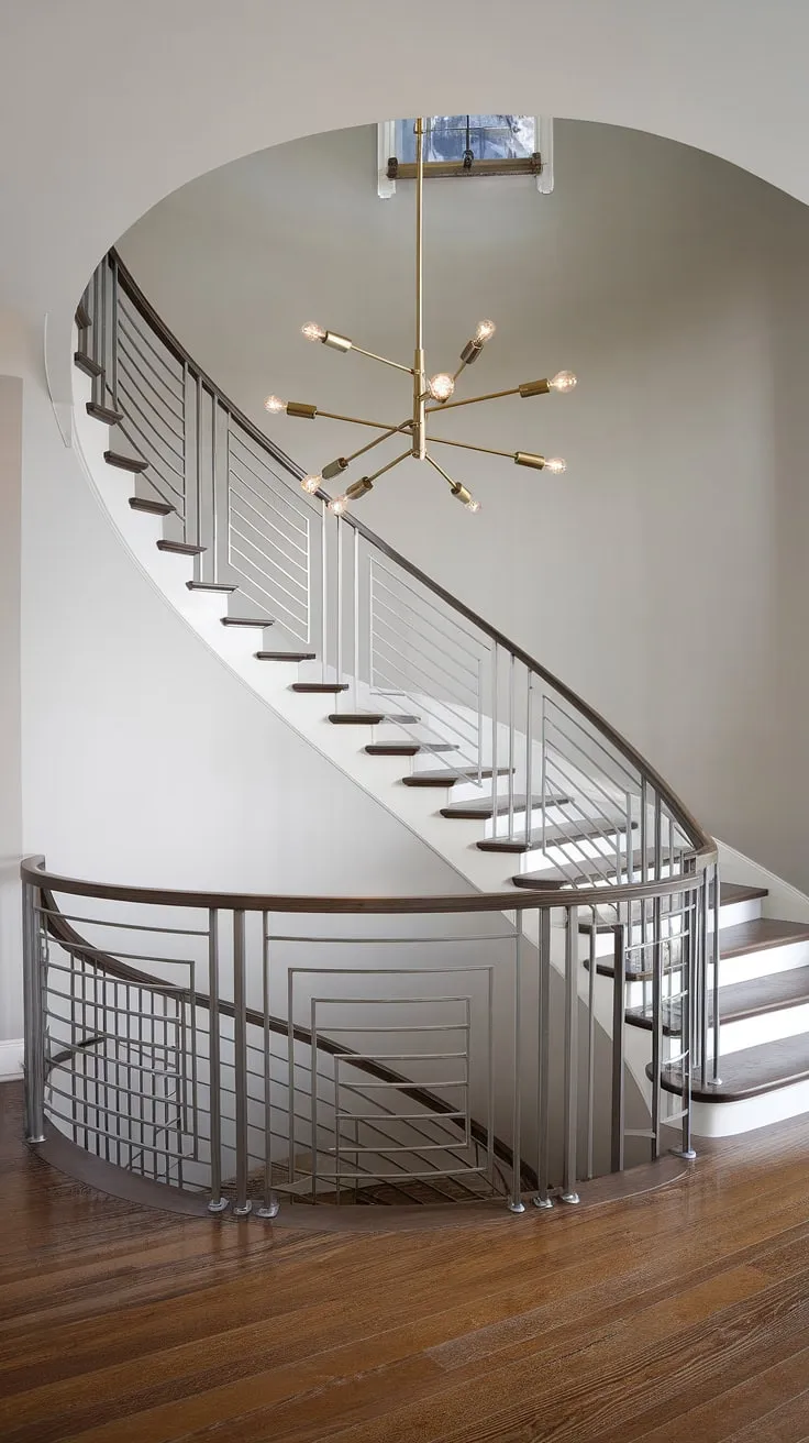 Architectural elegance meets modern design in this stunning foyer. The curved staircase, accented by a Crystorama Lighting chandelier in aged brass, creates a focal point that's both dramatic and inviting. The warm wood floors and cool grey walls provide a sophisticated backdrop, perfectly complementing the sleek metal railing.