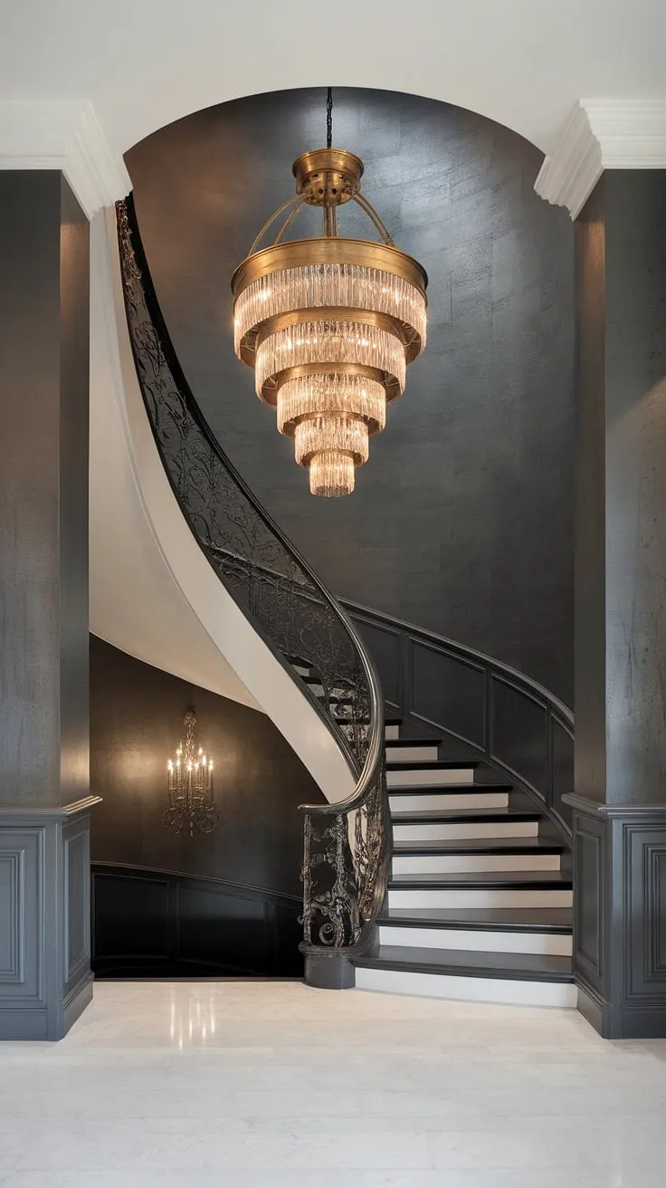 A masterpiece of modern design, this curved staircase ascends towards a breathtaking aged brass chandelier, its crystal accents sparkling in the light. The interplay of dark gray walls, pristine marble flooring, and carefully placed lighting fixtures creates an atmosphere of refined luxury and understated elegance. A perfect example of how architectural details can transform a space.