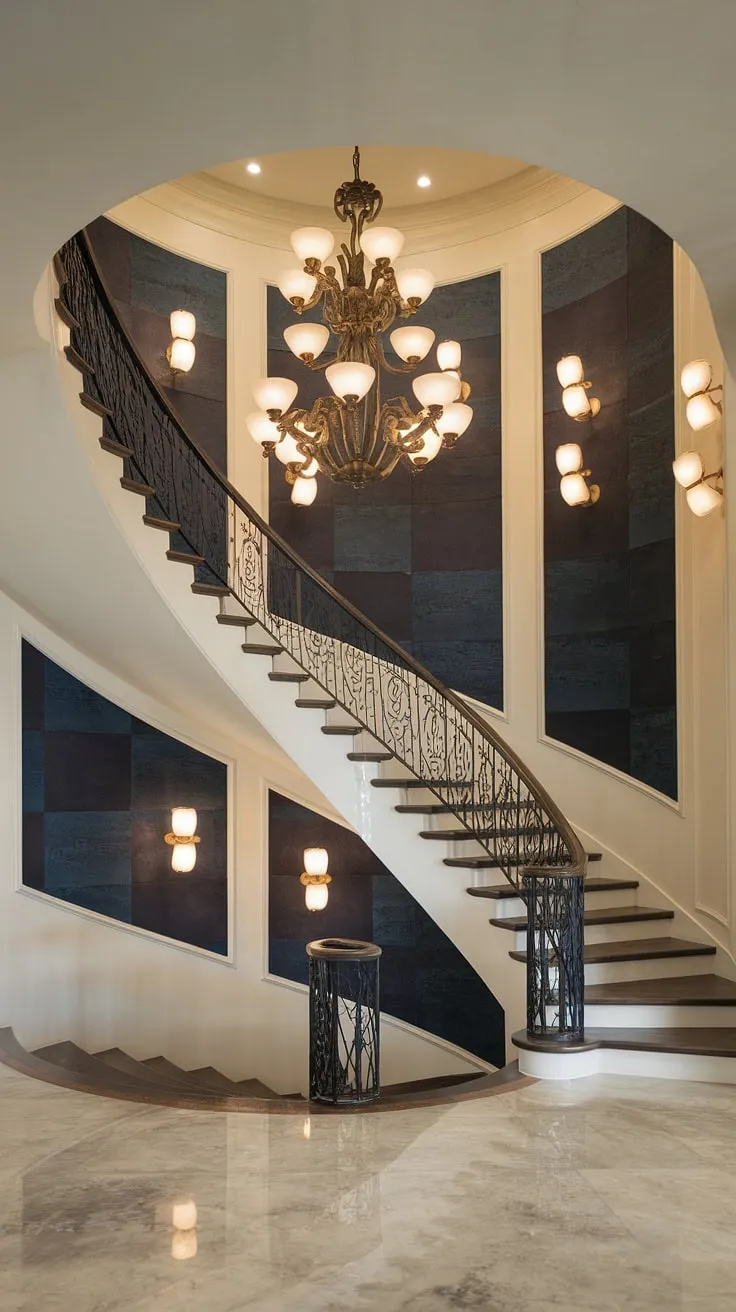 A grand foyer unfolds, its marble floors reflecting the warm glow of a Crystorama lighting chandelier, an aged brass masterpiece illuminating the elegant curve of the modern staircase. The textured walls, accented with a deep blue, add depth and sophistication to this breathtaking space.