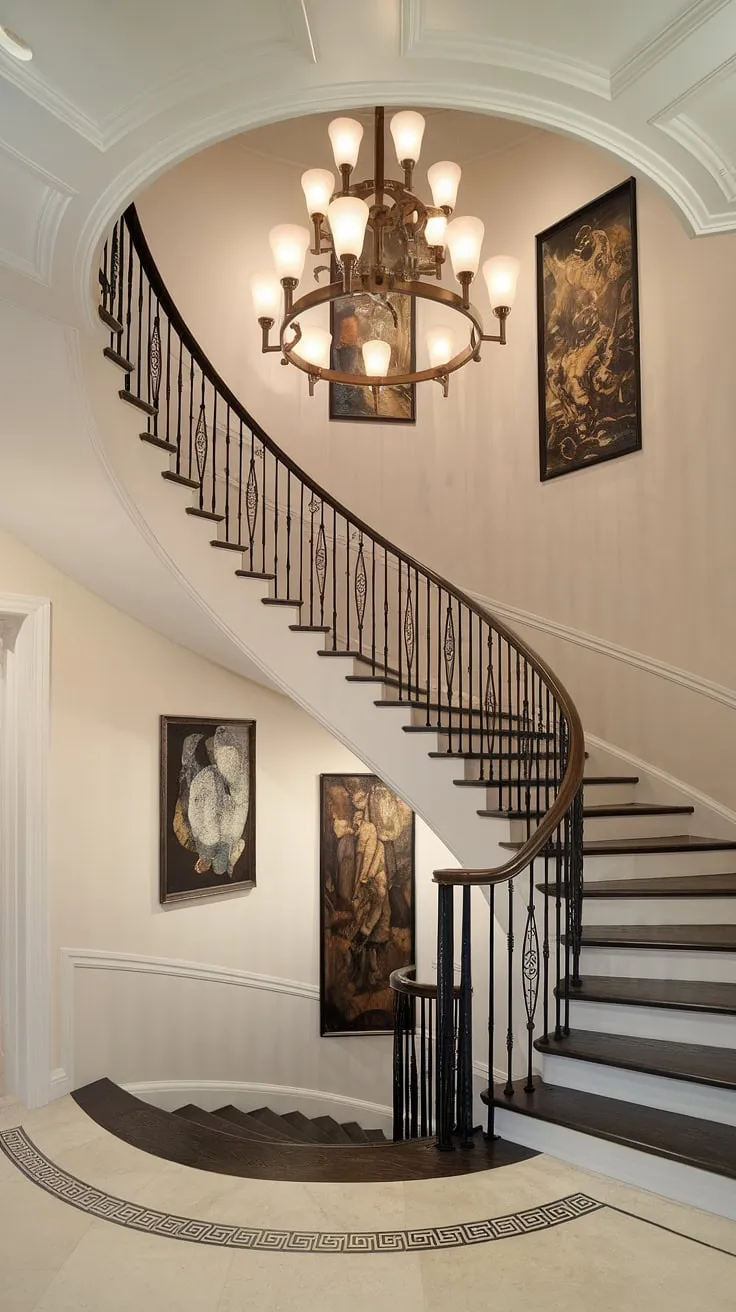 The sweeping curve of the staircase, illuminated by a stunning Crystorama chandelier, defines the sophisticated heart of this home. A breathtaking blend of modern architecture and classic elegance, perfectly complemented by the rich textures and artistic details throughout the foyer.
