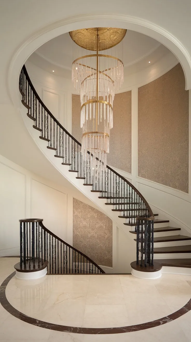 A breathtaking foyer, bathed in soft light. The curved staircase ascends gracefully beneath the antique brass chandelier, its crystal accents sparkling like captured starlight. A harmonious blend of classic and contemporary, this space exudes understated grandeur.