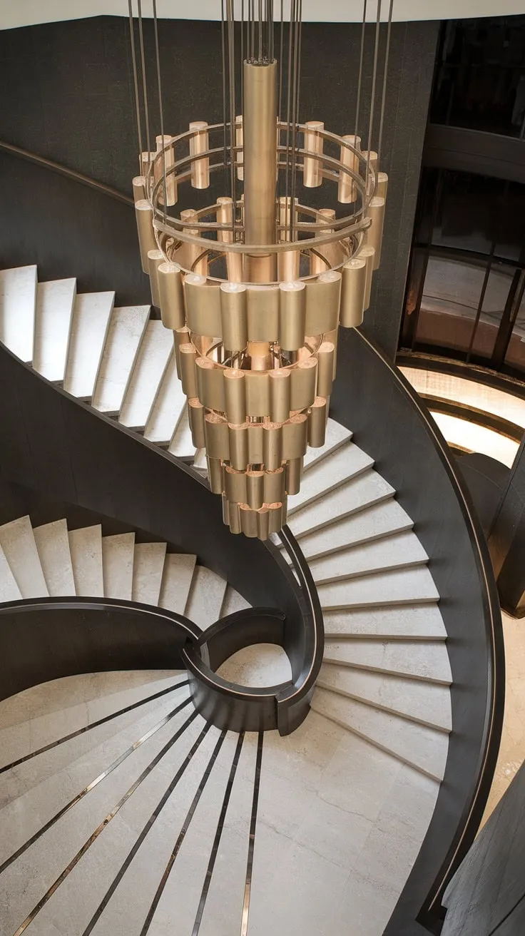 The subtle contrast between the modern architectural lines of the staircase and the antique grandeur of the Cristorama chandelier is captivating. This foyer, with its polished marble floor and dramatic dark walls, is a testament to refined design and luxurious living.