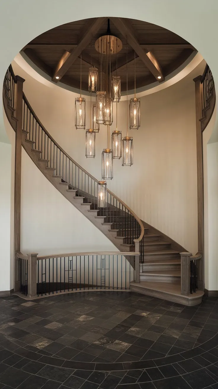 The warmth of the wooden ceiling and staircase is perfectly complemented by the cool gleam of the Crystorama chandelier's aged brass finish. This modern marvel, suspended at the heart of the grand foyer, casts a captivating glow, transforming the space into a captivating and inviting entrance. A testament to the power of thoughtful design.