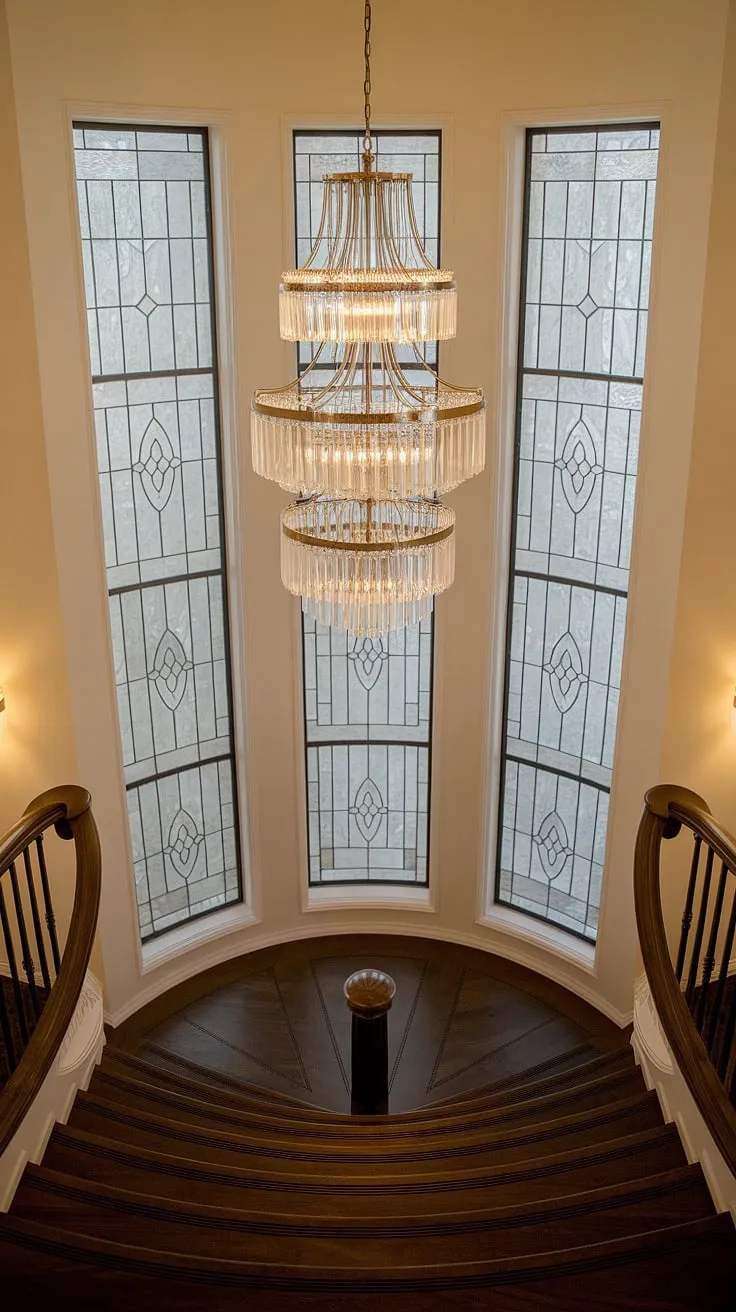 The grand foyer's curved staircase, bathed in warm light, is dramatically illuminated by a Crystorama chandelier-a breathtaking centerpiece of aged brass and sparkling crystals. The architectural details, including the tall windows with decorative glass panes, create an atmosphere of timeless elegance. A truly stunning space.