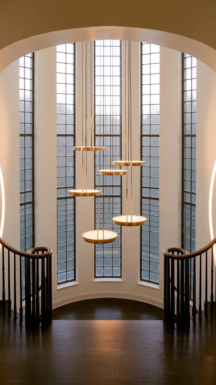 The aged brass chandelier casts a warm glow across the grand foyer, its semi-circular pendants a modern counterpoint to the classic curved staircase. A symphony of light and shadow dances across the dark wood floor, highlighting the architectural details and the tall, narrow windows that bathe the space in soft light. A truly breathtaking entrance.