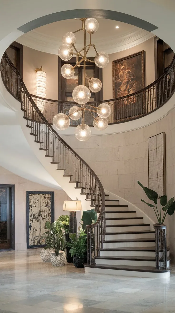 A breathtaking view of the home's heart: a sweeping staircase, its dark, contemporary lines a striking contrast to the antique brass chandelier's warm, inviting light. The marble floor reflects the chandelier's brilliance, creating a truly unforgettable entrance. A space designed for both grandeur and comfort.