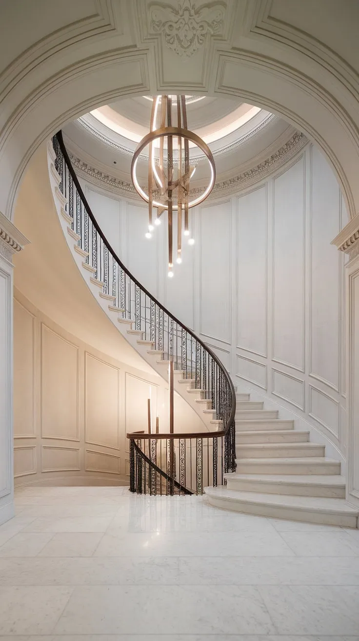 A timeless elegance unfolds in this grand foyer, where a sweeping marble staircase ascends towards a magnificent aged brass chandelier, its warm glow illuminating the intricate plasterwork of the high ceiling. The soft light enhances the beauty of the decorative wall panels and the pristine marble flooring, creating an atmosphere of refined sophistication.