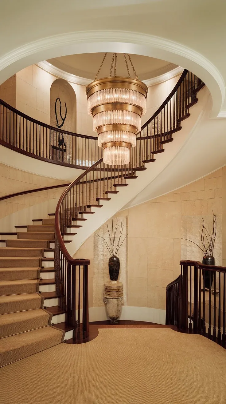 The graceful sweep of this modern staircase, illuminated by a cascading chandelier, creates a breathtaking focal point. A symphony of light, texture, and refined craftsmanship defines this opulent space.