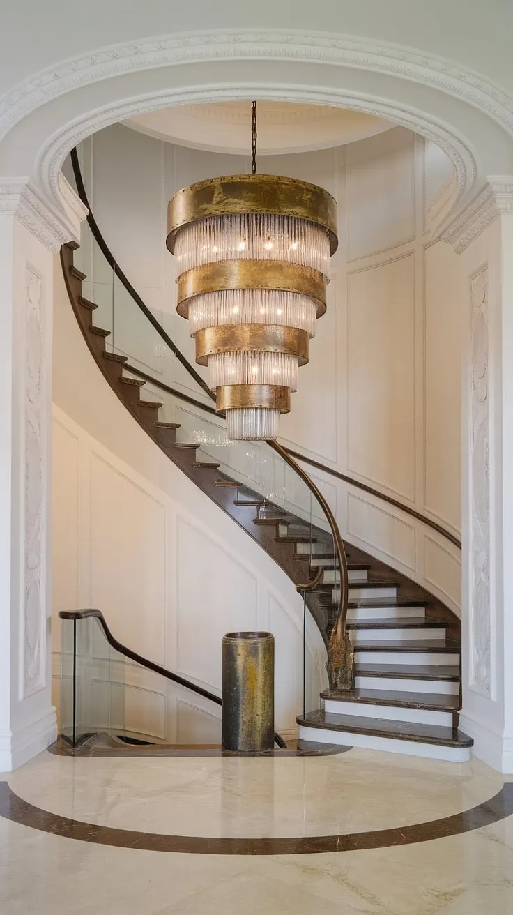 A breathtaking fusion of old-world charm and contemporary style. The intricately detailed chandelier, with its aged brass finish and sparkling crystals, hangs majestically above the curved staircase, a focal point that defines the grandeur of this stunning foyer. A perfect blend of textures and eras.