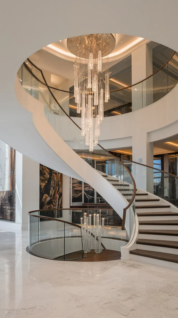 Ascending to grandeur. This grand foyer, with its marble floors and soaring ceilings, is illuminated by the captivating sparkle of an antique brass chandelier. The curved staircase, a masterpiece of modern design, invites you to explore the wonders above. A truly inspiring space.